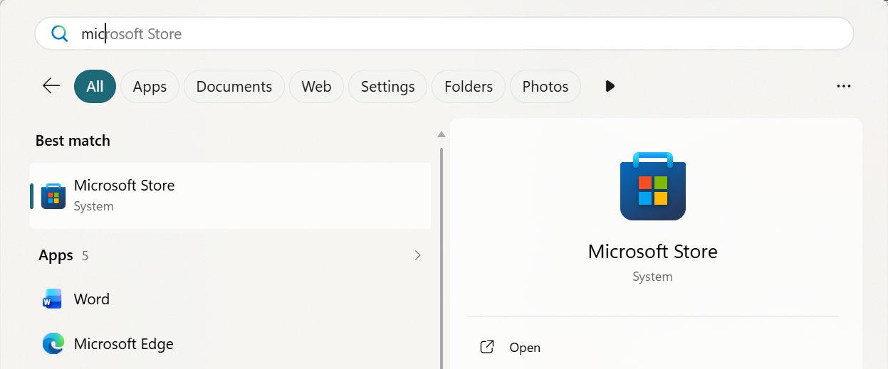 Resultados de b&uacute;squeda del Men&uacute; Inicio de Windows mostrando Microsoft Store como mejor resultado
