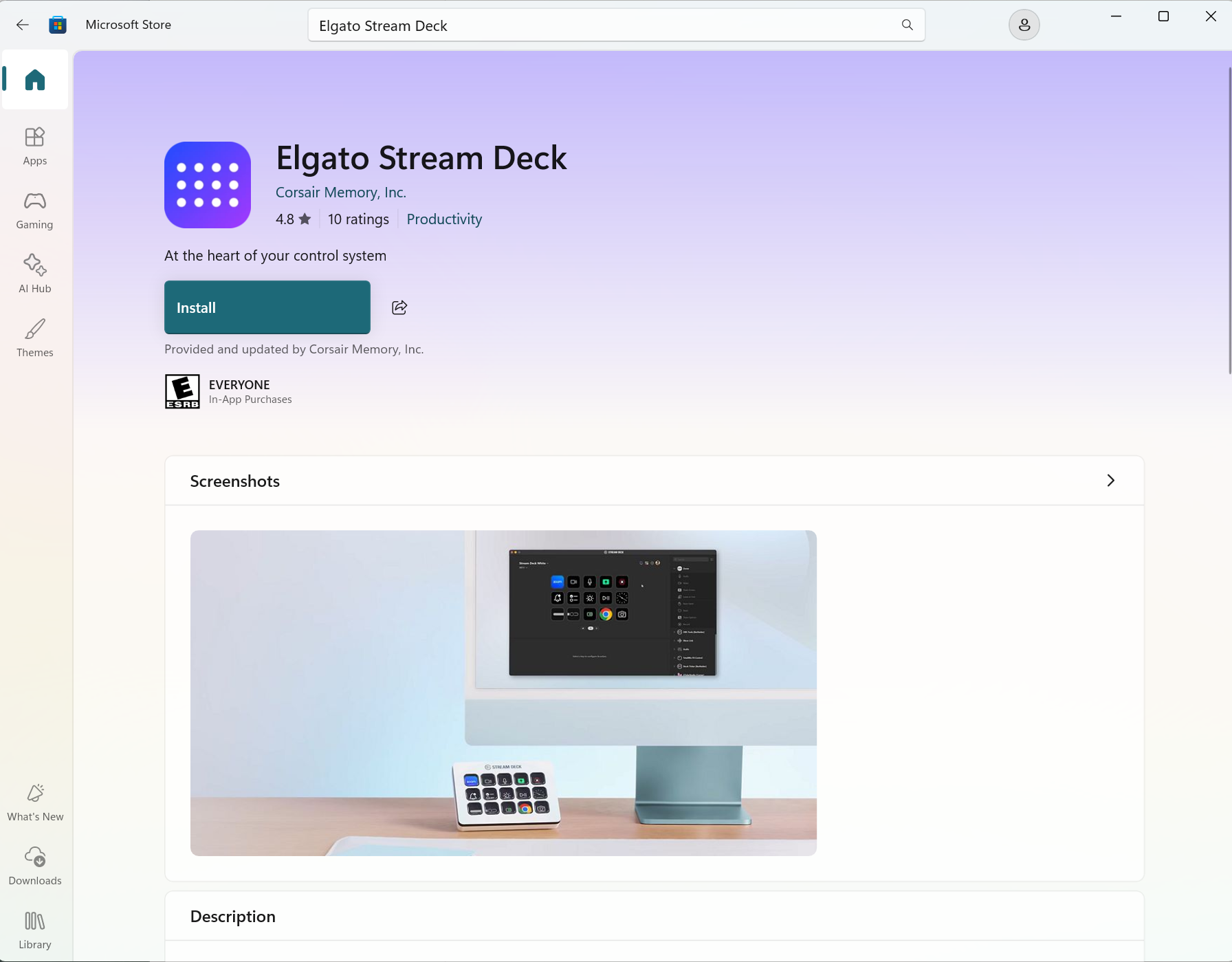 P&aacute;gina de Elgato Stream Deck en Microsoft Store mostrando el bot&oacute;n Instalar, calificaci&oacute;n y descripci&oacute;n