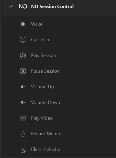 The Stream Deck actions list with the NO Session Control group expanded, showing nine actions: Wake, Call Tech, Play Session, Pause Session, Volume Up, Volume Down, Play Video, Record Memo and Client Selector.
