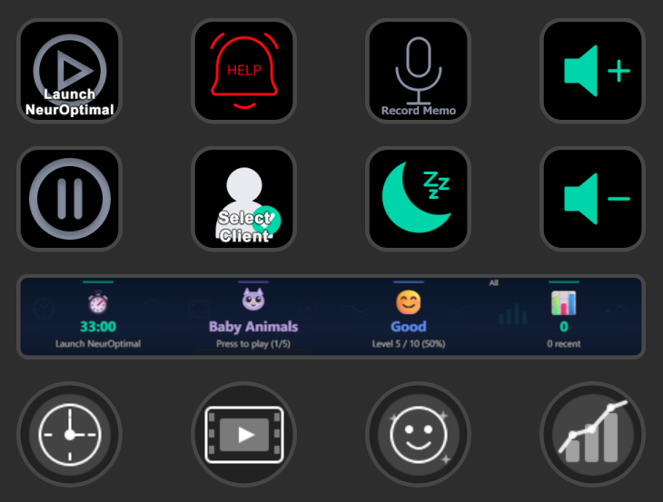 A Stream Deck + with the NO Session Control profile loaded. Top row: Launch NeurOptimal, a red HELP bell, Record Memo, Volume Up. Bottom row: Pause, Select Client, a crescent moon, Volume Down. The touch strip shows a 33:00 timer, Baby Animals, a Good mood level and a memo count, above four dials.