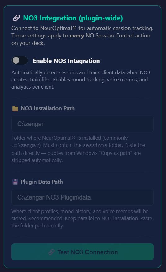 The NO3 Integration (plugin-wide) panel in the Property Inspector: an Enable NO3 Integration toggle in the off position, an NO3 Installation Path field reading C:\zengar, a Plugin Data Path field, and a greyed-out Test NO3 Connection button.