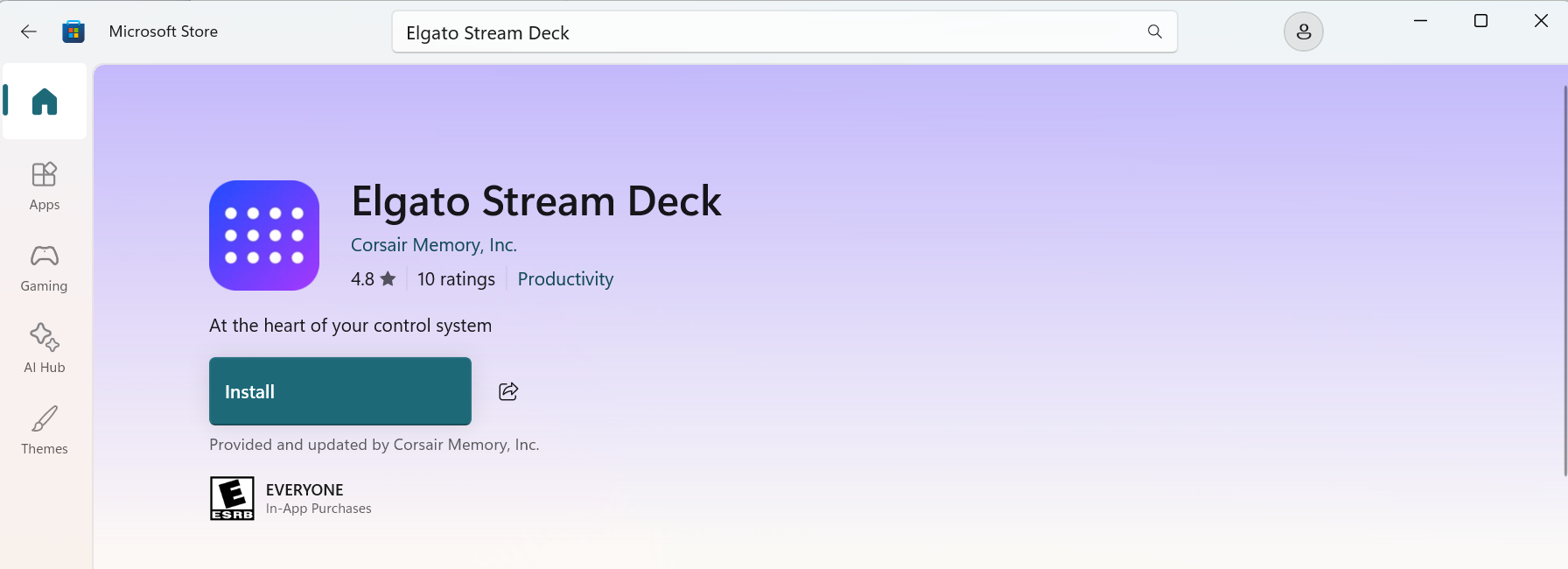 The Elgato Stream Deck listing in the Microsoft Store: published by Corsair Memory, Inc., rated 4.8, with a teal Install button.